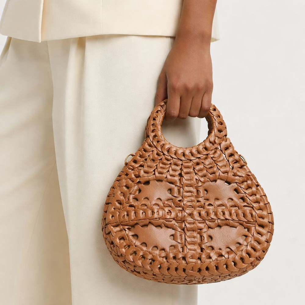 Rare Women's Vintage Boho Patricia Nash Tan Brown Woven Link Leather Clutch Bag